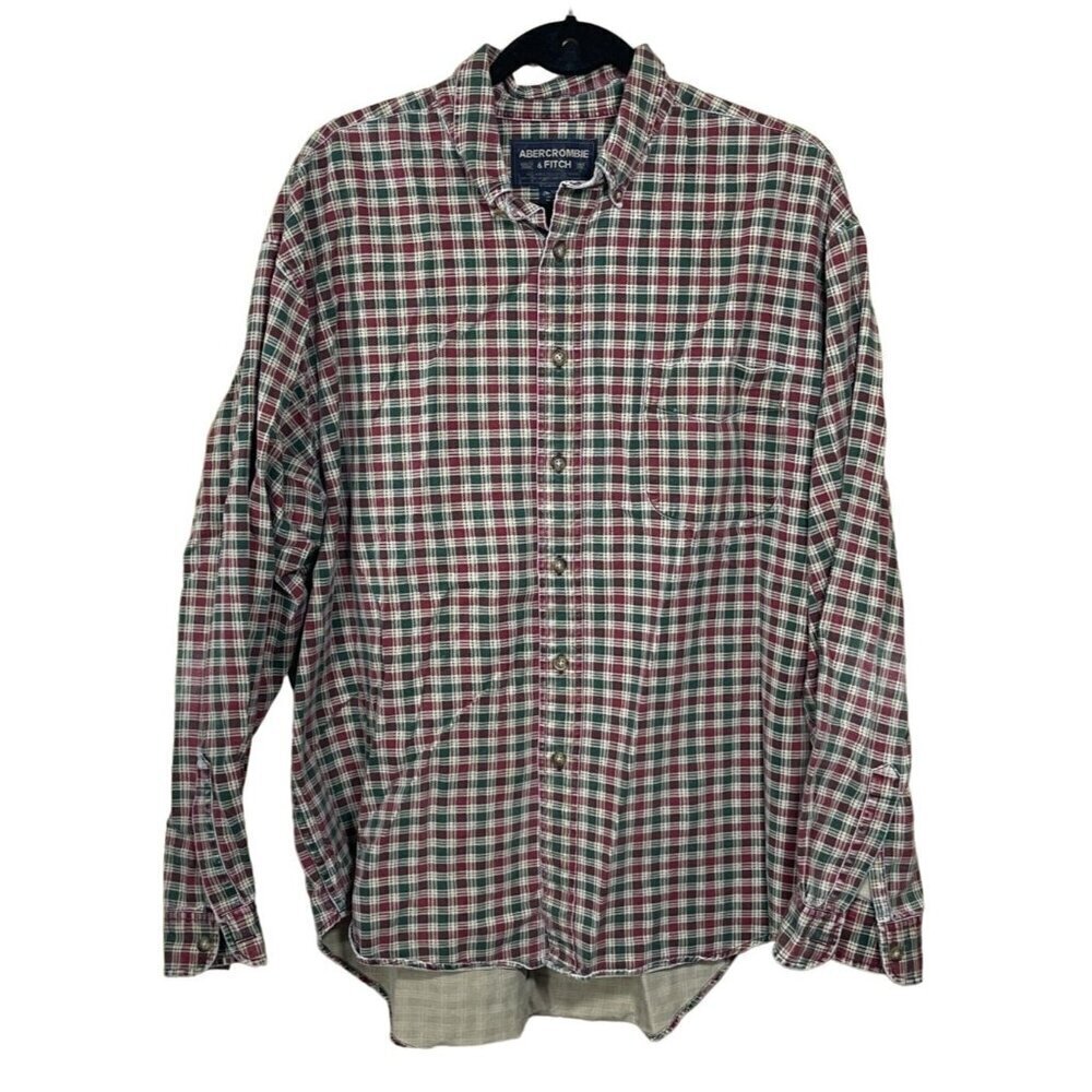 Abercrombie & Fitch Button Front Shirt Red Green Cotton Size L Large Christmas